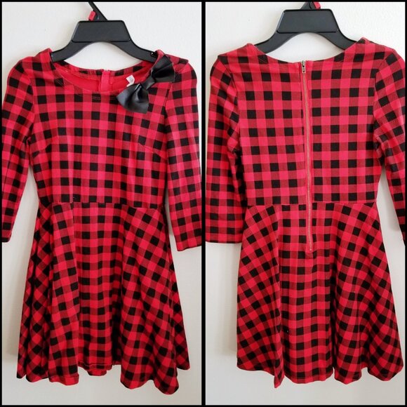 Girls Red Black Plaid Dress ✦ Fabkids XL ✦ Vegan Leather Bow ✦ Holiday Partywear - Picture 2 of 6